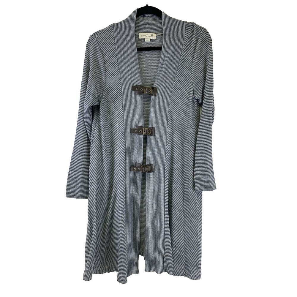 BOGO Simply Noelle Striped Cardigan Sweater Buckle Strap Closure Blue Tunic S M